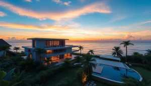 Stunning Pattaya properties highlighting a luxurious beachfront villa surrounded by tropical gardens.