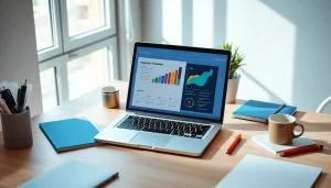 Showcase of a professional workspace at https://eztips.com featuring a laptop with an infographic