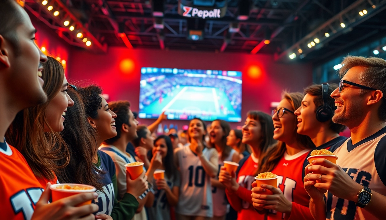 스포츠중계 시청하며 열광하는 팬들의 모습과 살아있는 경기 화면
