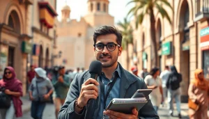 أخبار العرب: صحفي أخبار يتفاعل مع الجمهور في الشارع العربي المزدحم.