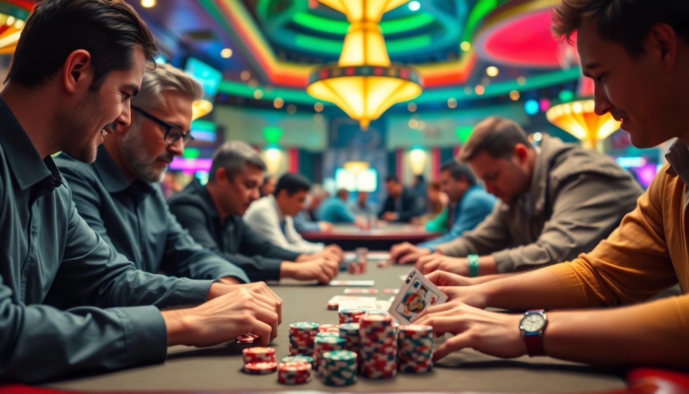 Permainan domino88 login poker game dengan pemain fokus, meja poker penuh chip, dan suasana kasino hidup.