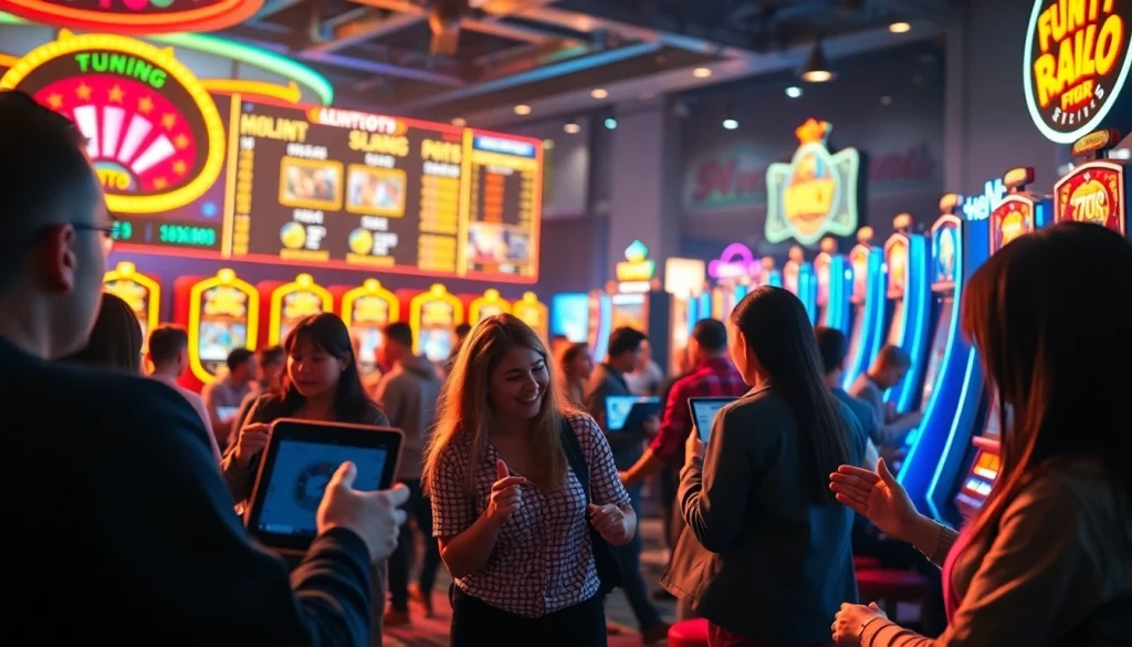 Menggambarkan pengalaman bermain jentoto yang energik dengan pemain dan mesin slot.