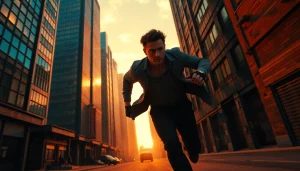 Engaging action thriller scene with a heroic character in pursuit through an urban landscape.