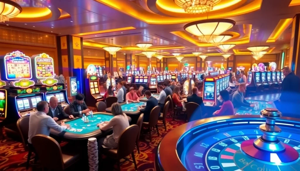 Experience the vibrant gambling world of KJC AC 1 with players enjoying casino tables and slot machines.