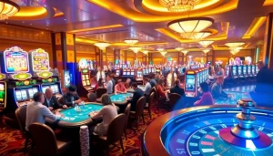 Experience the vibrant gambling world of KJC AC 1 with players enjoying casino tables and slot machines.