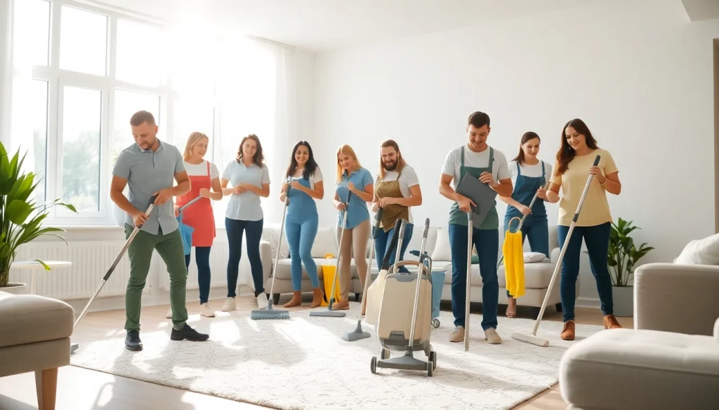 Efficient cleaning service professionals cleaning a bright living room.