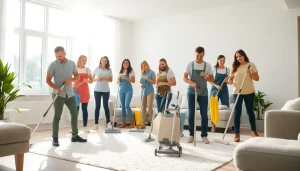 Efficient cleaning service professionals cleaning a bright living room.
