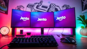 Jentoto menampilkan setup gaming modern dengan perangkat canggih dan pencahayaan RGB.