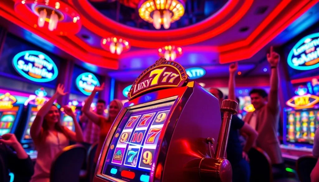 Permainan luxury777 slot yang mewah dengan mesin slot berkilau di kasino yang ramai.
