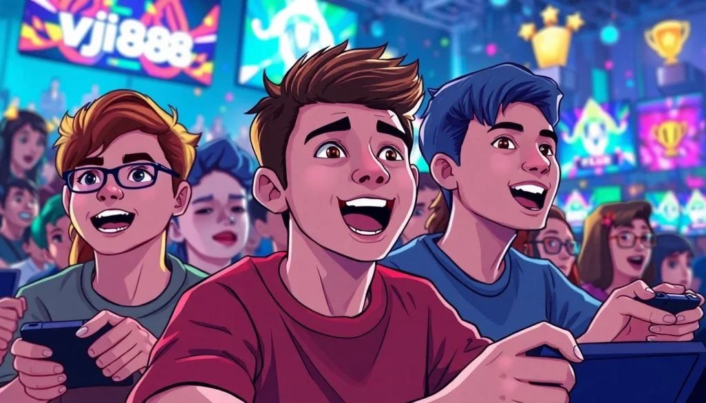 Engage with vj88 through a vibrant gaming illustration showcasing competitive players.