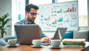 Analyze af88 com marketing strategies with a digital consultant in a bright office environment.