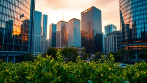 Showcase of the 79king skyline with modern architecture and greenery reflecting sunlight.