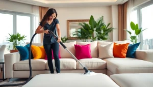 Enhance your living space with professional sofa cleaning Dubai services, showcasing a cleaner at work.