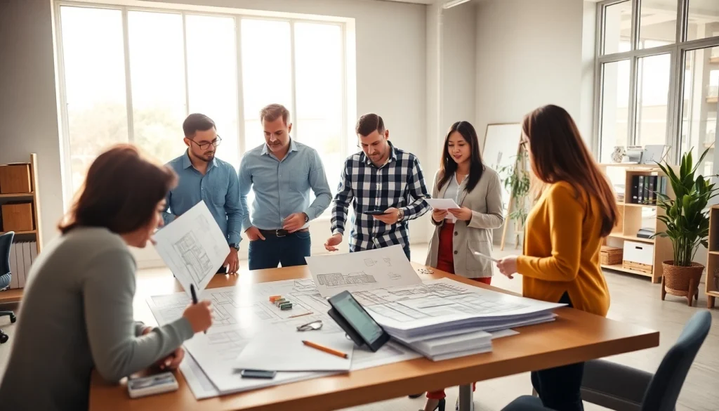 Find good builders near me discussing home designs in a modern office setting.