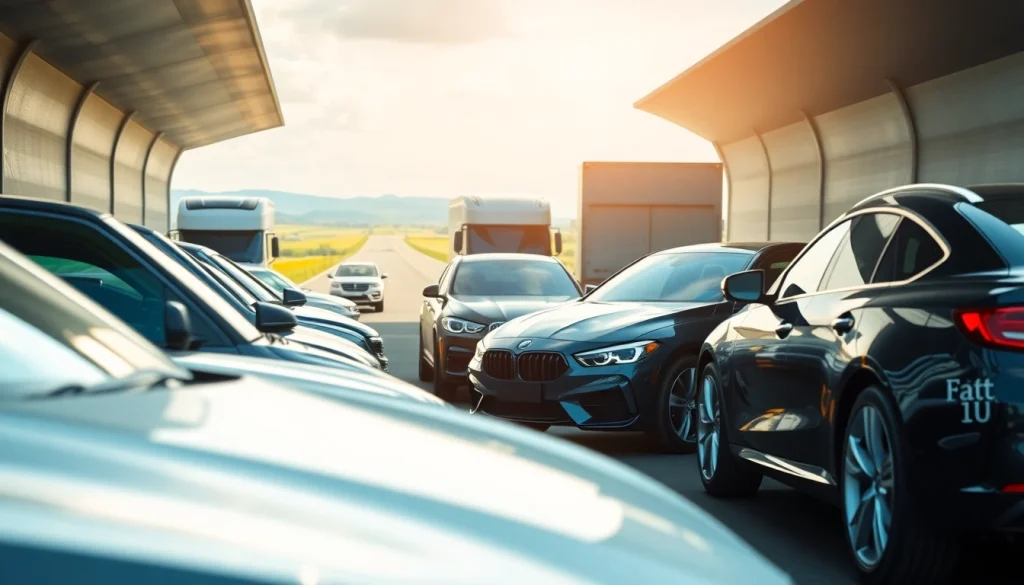 Showcase of a professional car transport service featuring diverse vehicles ready for delivery.