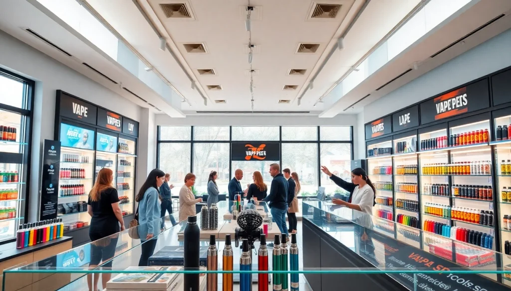 Vape shop showcasing a variety of colorful vaping products in a modern atmosphere.