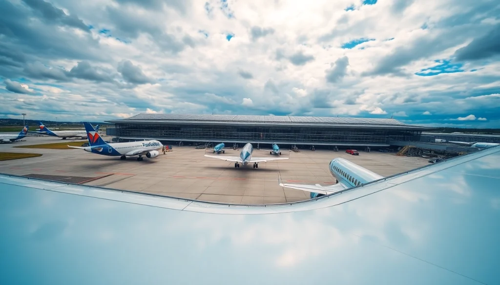 Explore East Midlands Airport with bustling activity and sleek aircraft on the tarmac.