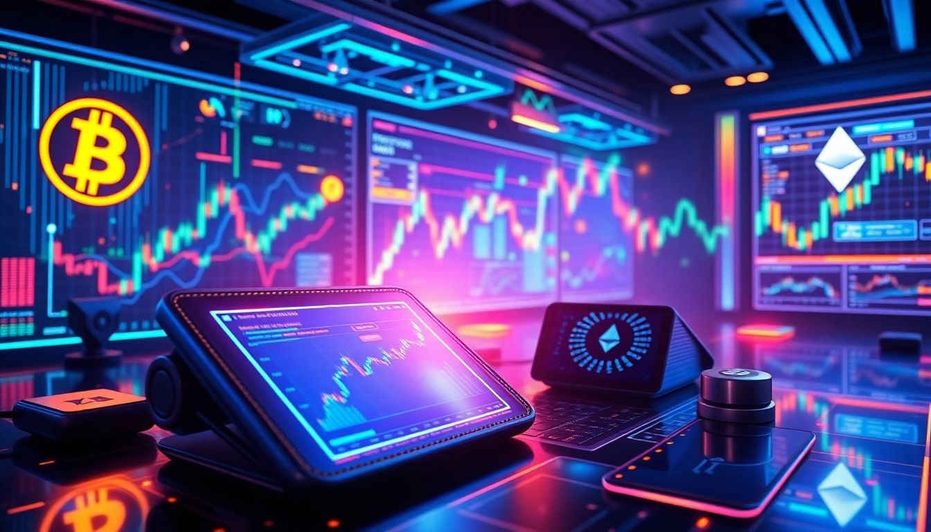 Cryptocurrency trading environment showcasing Bitcoin, Ethereum logos, and trading charts.