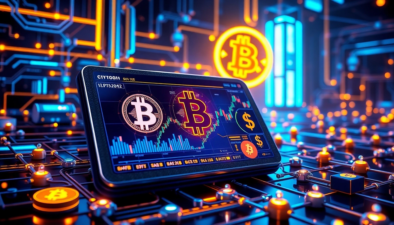 Wizualizacja kryptowalut: sieć blockchain, wykresy handlu Bitcoinem i interfejs portfela cyfrowego.