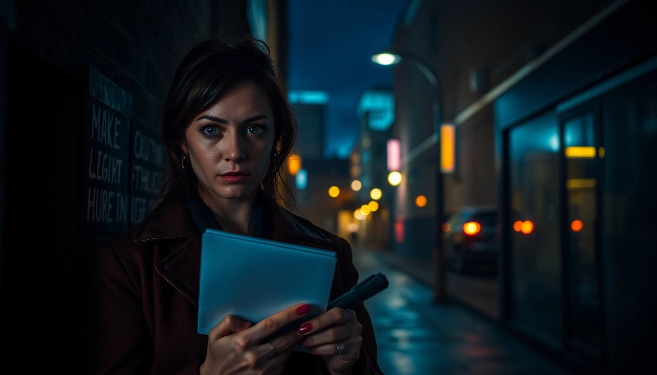 Female detective in a suspenseful scenario showcasing Clean thriller elements in a moody urban setting.