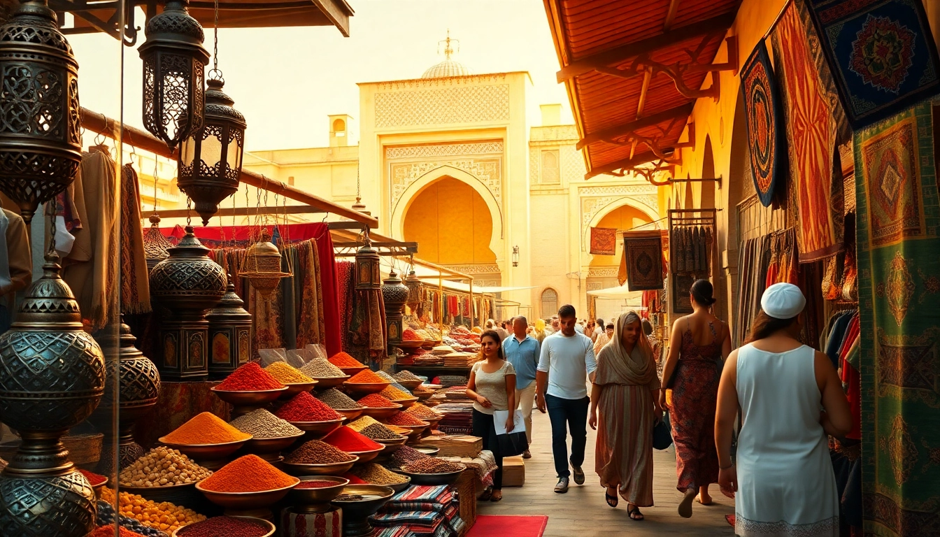 Visit Morocco through a lively market filled with colorful spices and traditional crafts.