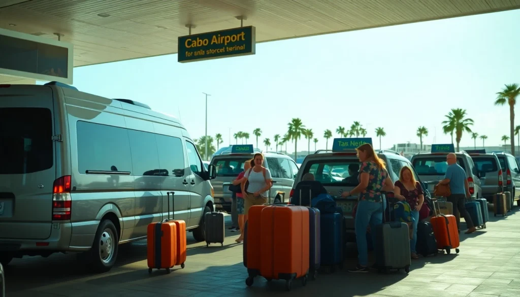 Cabo airport transportation vehicles ready for travelers at Cabo airport terminal.