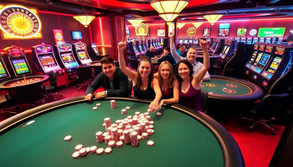 Exciting casino scene with vibrant poker tables, showing KJC AC 1 gambling excitement.