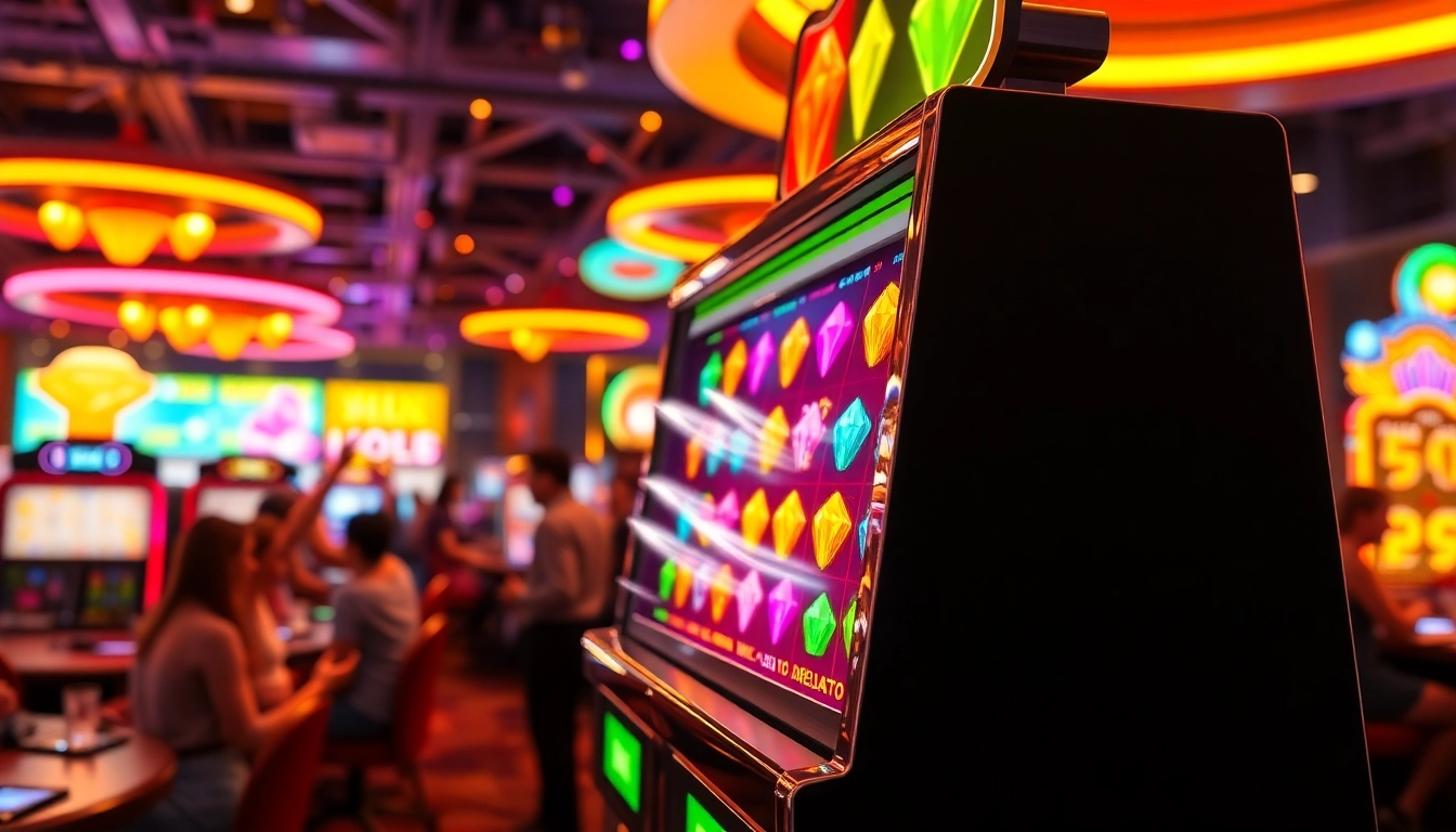 Menampilkan hiburan seru dari mesin slot jewel4d slot dengan gemerlap lampu dan pemain merayakan kemenangan.