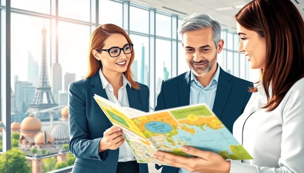 Engaging professionals in real estate international discussions with iconic landmarks.