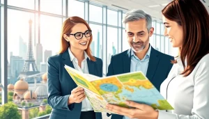 Engaging professionals in real estate international discussions with iconic landmarks.