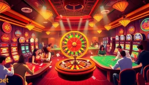 Excited players gamble at 89bet.house, engaging with colorful slot machines and poker tables in a vibrant casino atmosphere.