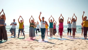 Engaged individuals practicing yoga on the beach, promoting wellness at https://healthyvix.com.