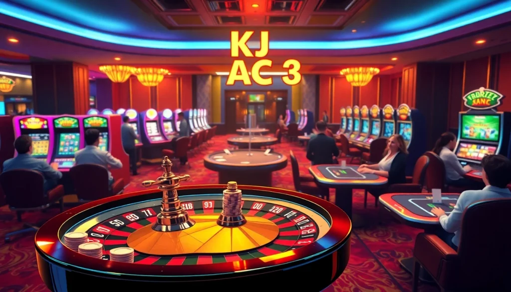 Experience the thrilling atmosphere of KJC AC 3 at a luxurious casino, featuring vibrant bets and colorful roulette wheels.