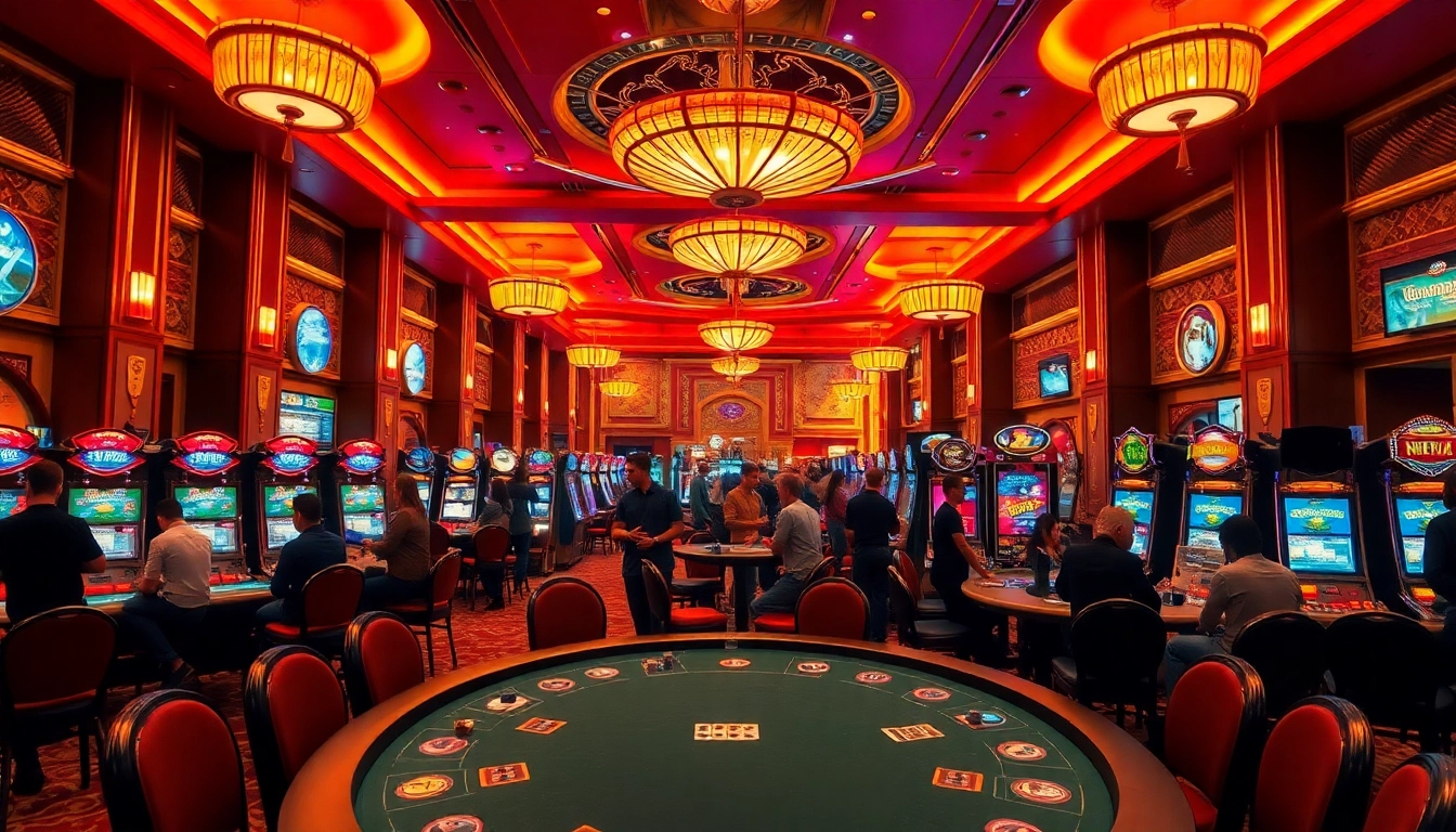คาสิโน ที่เต็มไปด้วยแขกที่สนุกสนานและโต๊ะพนันที่มีสีสันสดใส
