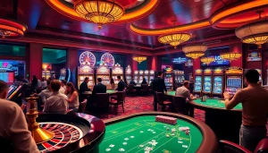 KJC AC 1 casino scene with vibrant poker tables, roulette, and slots.