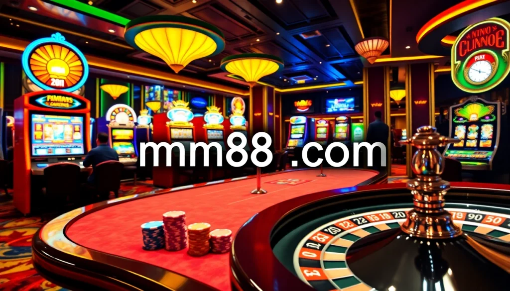 Players engaging in thrilling poker at mm88 com casino, with vibrant slot machines and roulette wheel in view.