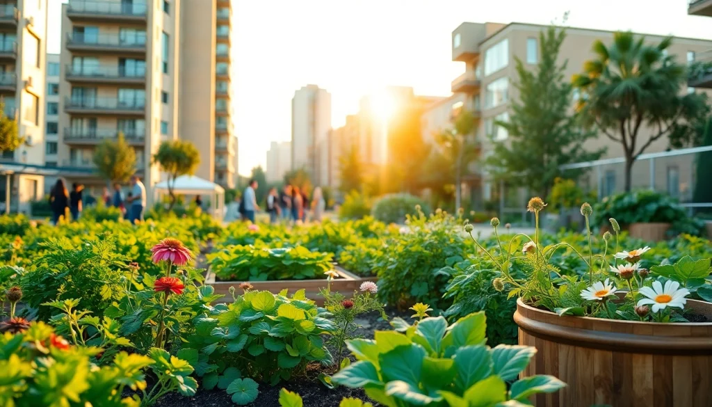 Showcase sustainable living concepts from https://www.unsustainablemagazine.com in a vibrant urban garden.