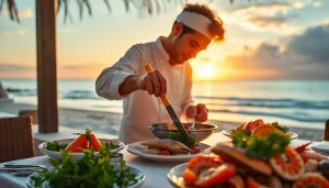 Chefs preparing gourmet dishes with fresh ingredients at a private chef Sint Maarten experience.