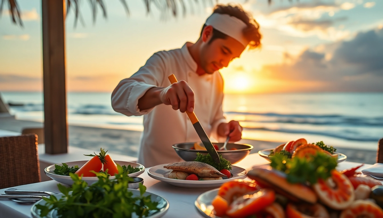 Chefs preparing gourmet dishes with fresh ingredients at a private chef Sint Maarten experience.