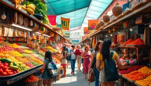 Vibrant marketplace scene at https://travelvixta.com filled with colors and diverse travelers.