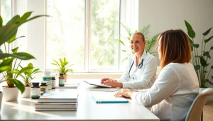 Engaging health consultant interacting with a client at https://www.medexdtc.com in a modern office.