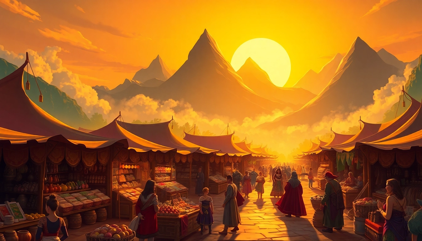 Engaging in a vibrant marketplace scene at https://www.trilgameshproject.com with exotic wares and characters in fantasy costumes.