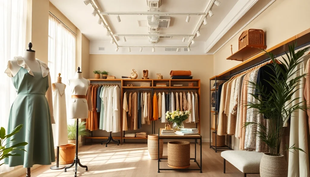 Explore the fashionable interior of https://www.northernfashions.com with elegant clothing displays and bright lighting.