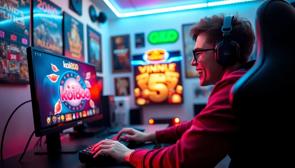 Menampilkan gamer yang asyik memainkan koi800 game dalam suasana yang penuh semangat.
