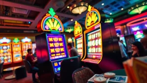 Jentoto menyajikan suasana kasino yang hidup dengan mesin slot iluminasi dan pemain yang antusias.