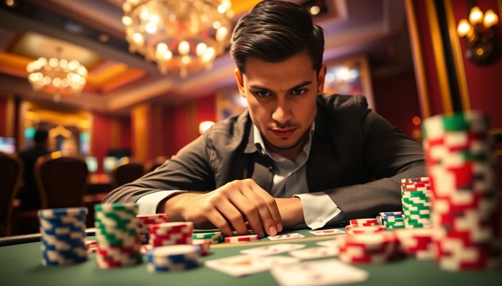 Bermain domino88 login poker game dengan taruhan tinggi di meja poker yang terang.