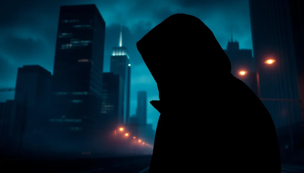 Engaging clean thriller design featuring a mysterious silhouette amidst a dramatic city skyline.