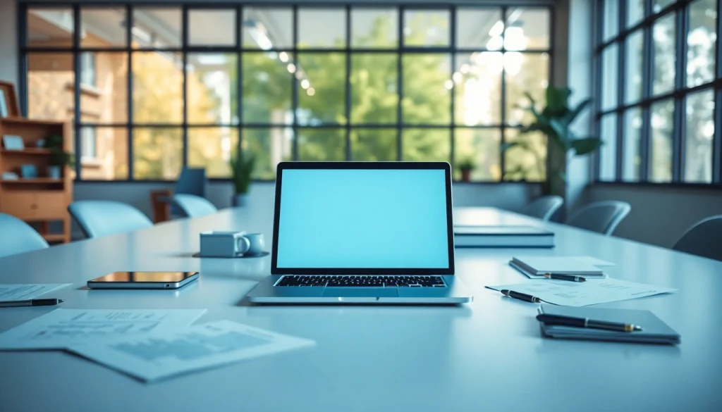 Un espace de travail moderne avec un bureau et un ordinateur portable sur https://kolivent.com, créant une atmosphère productive.