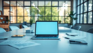 Un espace de travail moderne avec un bureau et un ordinateur portable sur https://kolivent.com, créant une atmosphère productive.