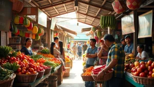 Orang-orang membeli suletoto di pasar tradisional yang ramai dengan warna-warni cerah.